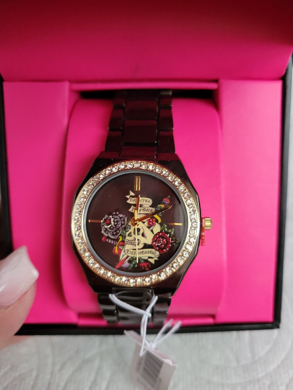 Ed Hardy Black Floral Skull Crystal-Accented Women's Watch